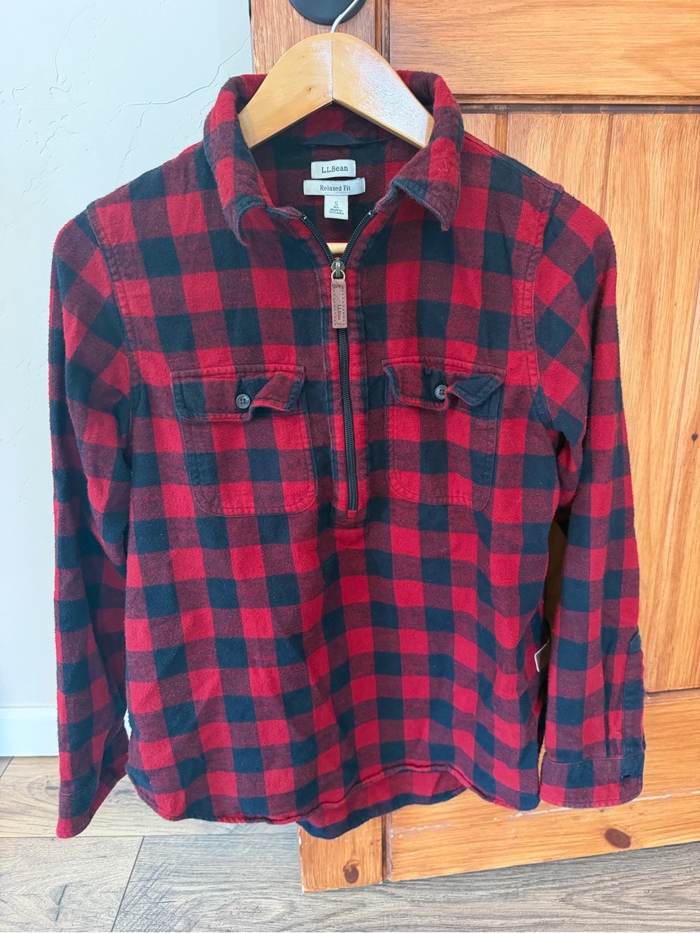 L.L. Bean Red Black Buffalo Plaid Flannel Quarter Zip Shirt Women's Size Small